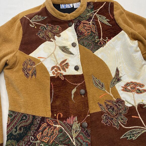 BFA Embroidered Patchwork Tapestry Jacket Womens 14 Brown Floral Grandma - Picture 2 of 11